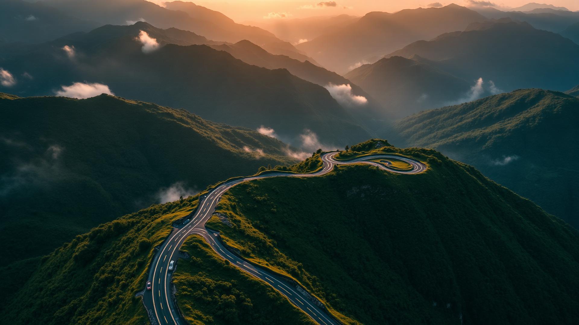 Aerial view of a winding mountain road at golden hour